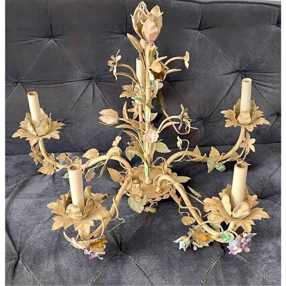 Pastel Pink, Blue and Mint Shabby Chic Florence Style Chandelier, 1960s Wrought - Picture 2 of 14